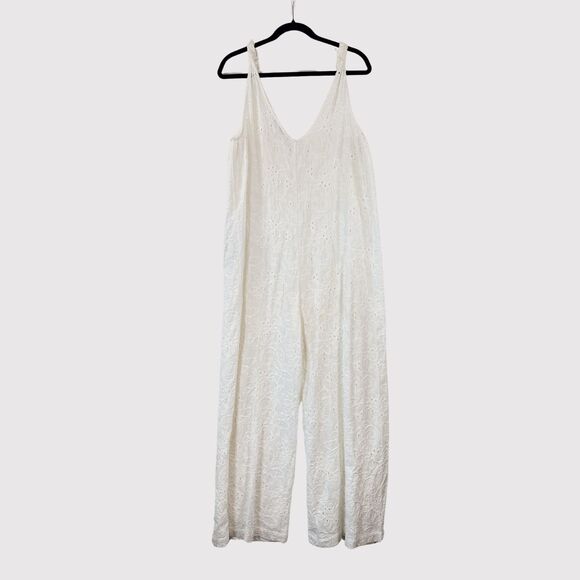 ZARA Womens Jumpsuit White Floral Eyelet V Neck Sleeveless Wide Leg Boho Large - Picture 2 of 11